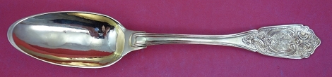 Dinner Spoon vermeil person sitting Dresden crossed swords & D mark w/ #12 possibly M = 1841 made in second half of 18th Century, applied 3D face on back of bowl 750 silver hand chased design 8